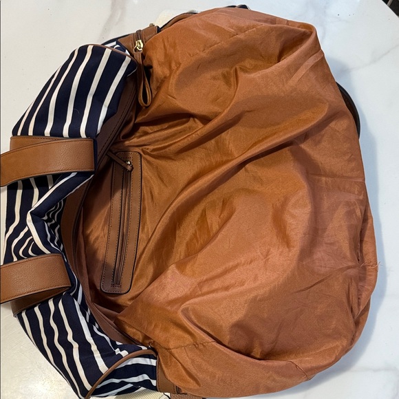 Madden Girl Navy and White Striped Tote with Brown Trim - Picture 15 of 16